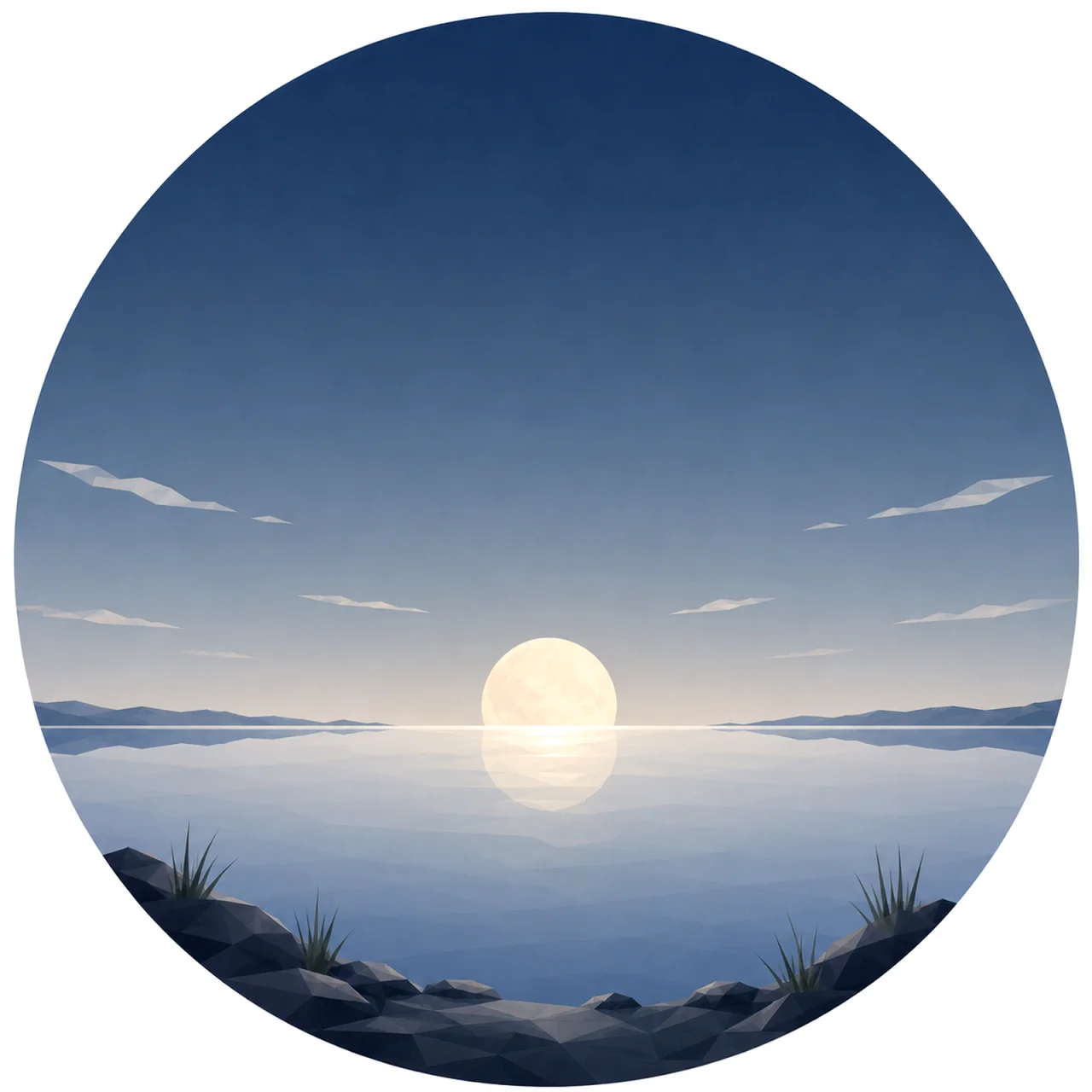 Minimal low poly Scandinavian moonrise featuring a full moon rising above a calm horizon, quiet sea or land, open Nordic night sky, symmetrical composition, and peaceful geometric design.