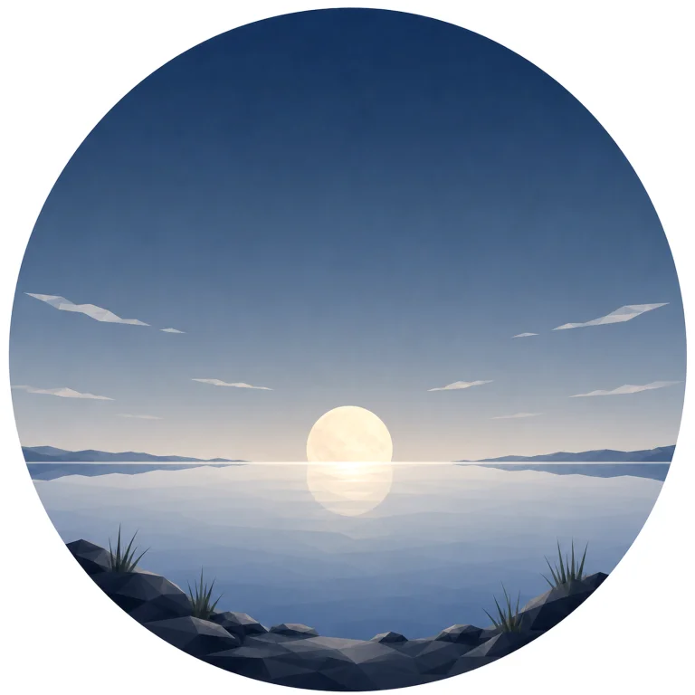 Minimal low poly Scandinavian moonrise featuring a full moon rising above a calm horizon, quiet sea or land, open Nordic night sky, symmetrical composition, and peaceful geometric design.