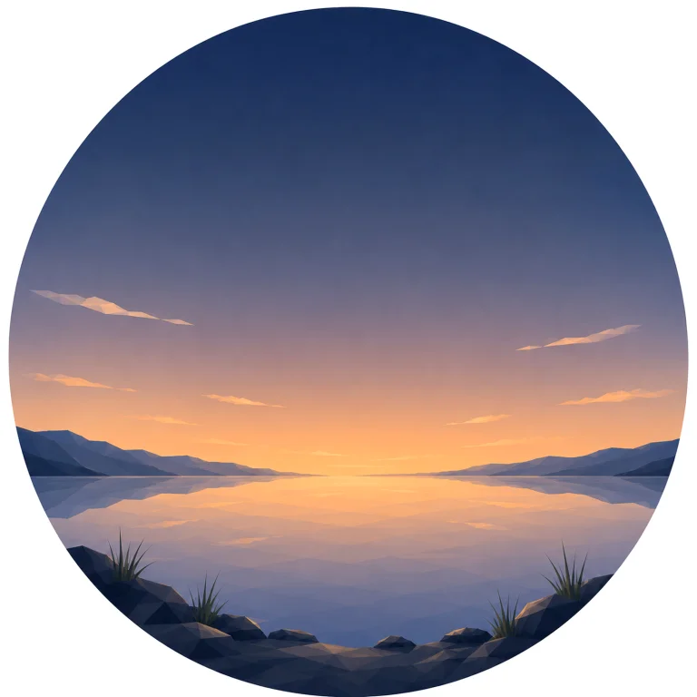 Minimal low poly Scandinavian sunset glow featuring a softly illuminated horizon after sunset, calm sea or land, open Nordic sky, symmetrical composition, and peaceful geometric design.