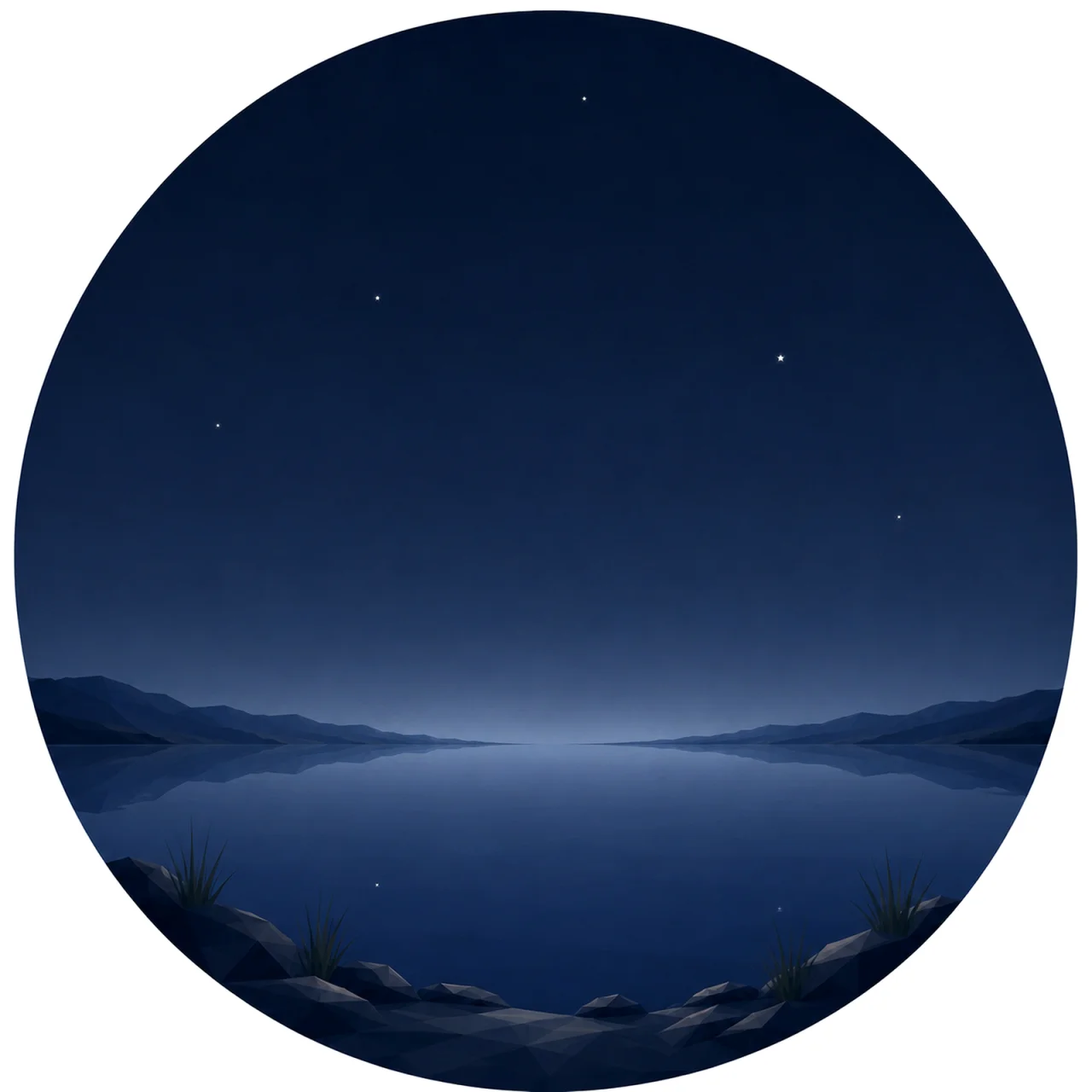 Minimal low poly Scandinavian starlight landscape featuring a deep Nordic night sky, a few bright stars, calm horizon, quiet sea or lake, symmetrical composition, and peaceful geometric design.