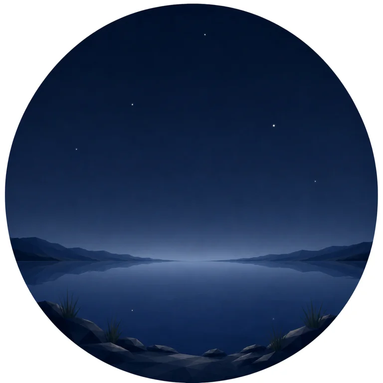 Minimal low poly Scandinavian starlight landscape featuring a deep Nordic night sky, a few bright stars, calm horizon, quiet sea or lake, symmetrical composition, and peaceful geometric design.
