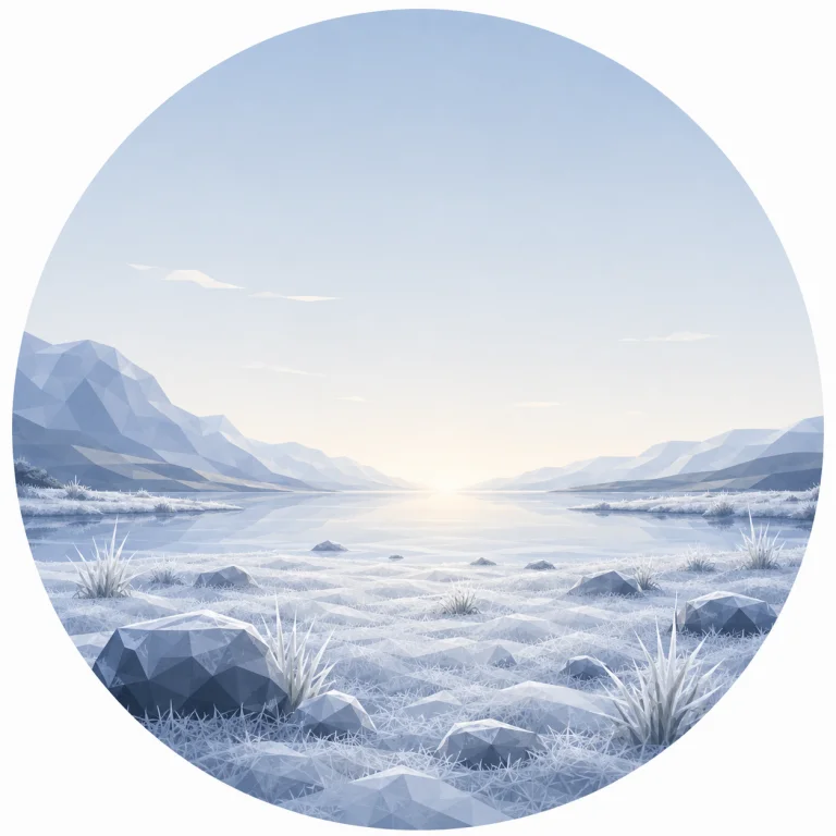 Minimal low poly Scandinavian frost landscape featuring frost-covered ground, quiet meadow, distant mountains, pale morning sky, symmetrical composition, and peaceful geometric design.