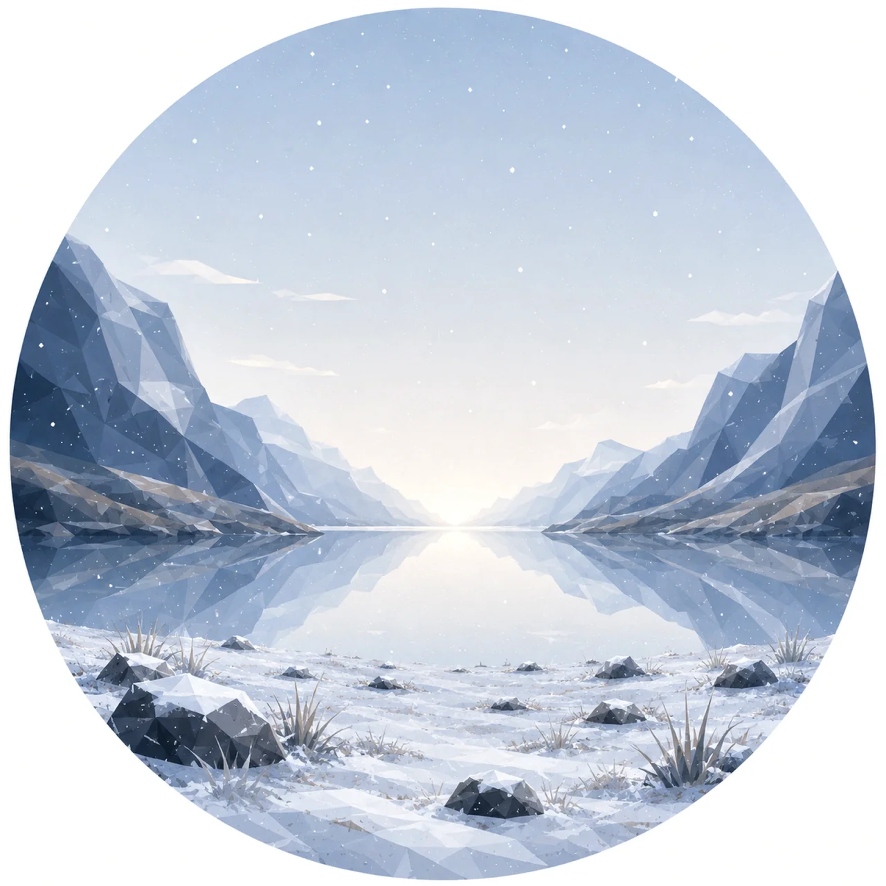 Minimal low poly Scandinavian first snow landscape featuring lightly snow-covered ground, quiet hills, sparse falling snowflakes, pale winter sky, symmetrical composition, and peaceful geometric design.