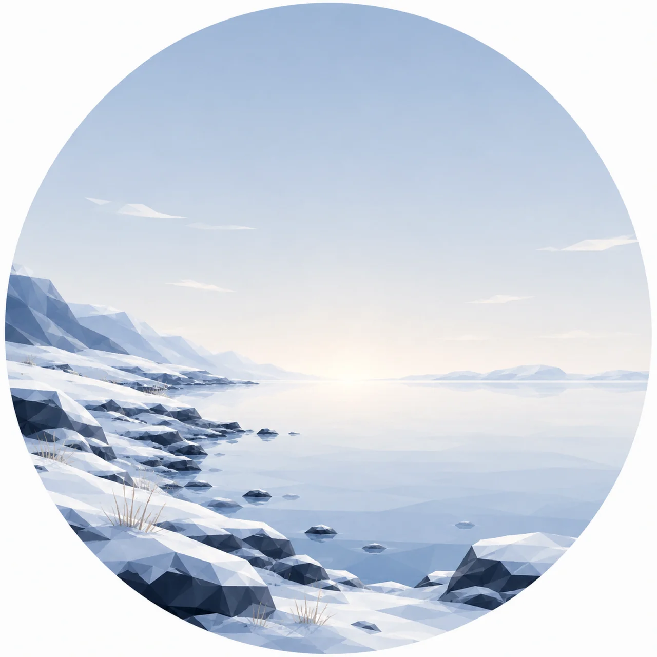 Minimal low poly Scandinavian winter coast featuring a snow-covered shoreline, calm Nordic sea, pale winter sky, distant horizon, symmetrical composition, and peaceful geometric design.