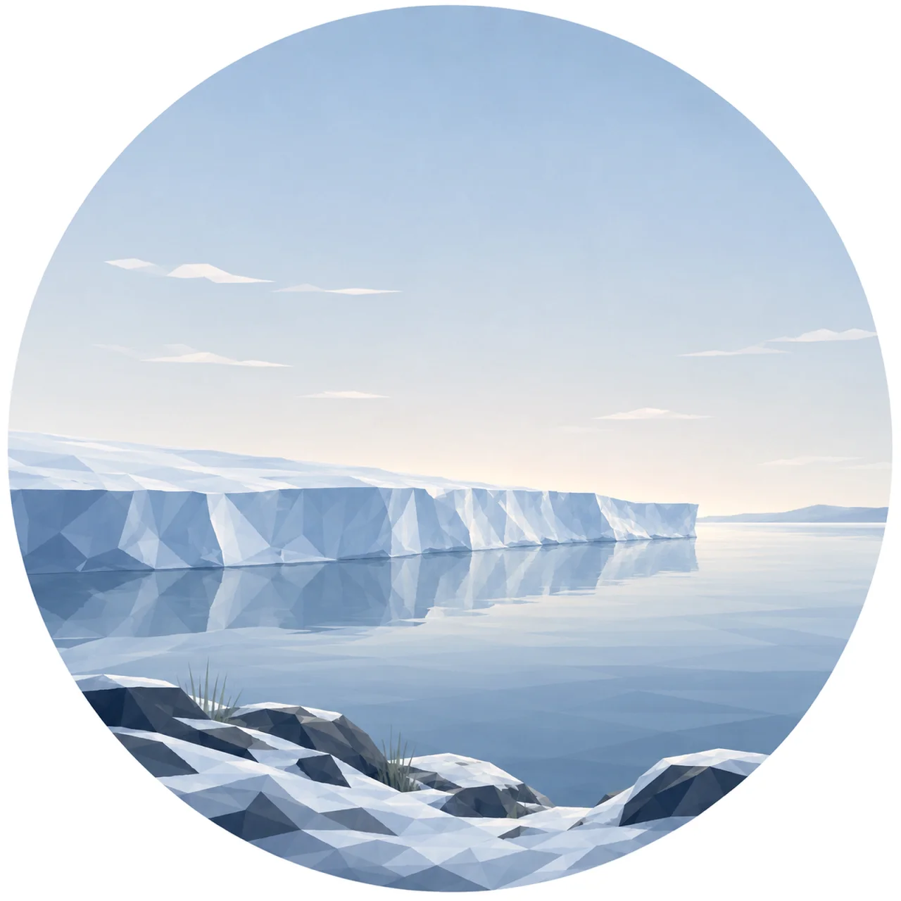 Minimal low poly Scandinavian ice shelf landscape featuring a broad Arctic ice shelf, calm northern sea, distant horizon, clear winter sky, symmetrical composition, and peaceful geometric design.