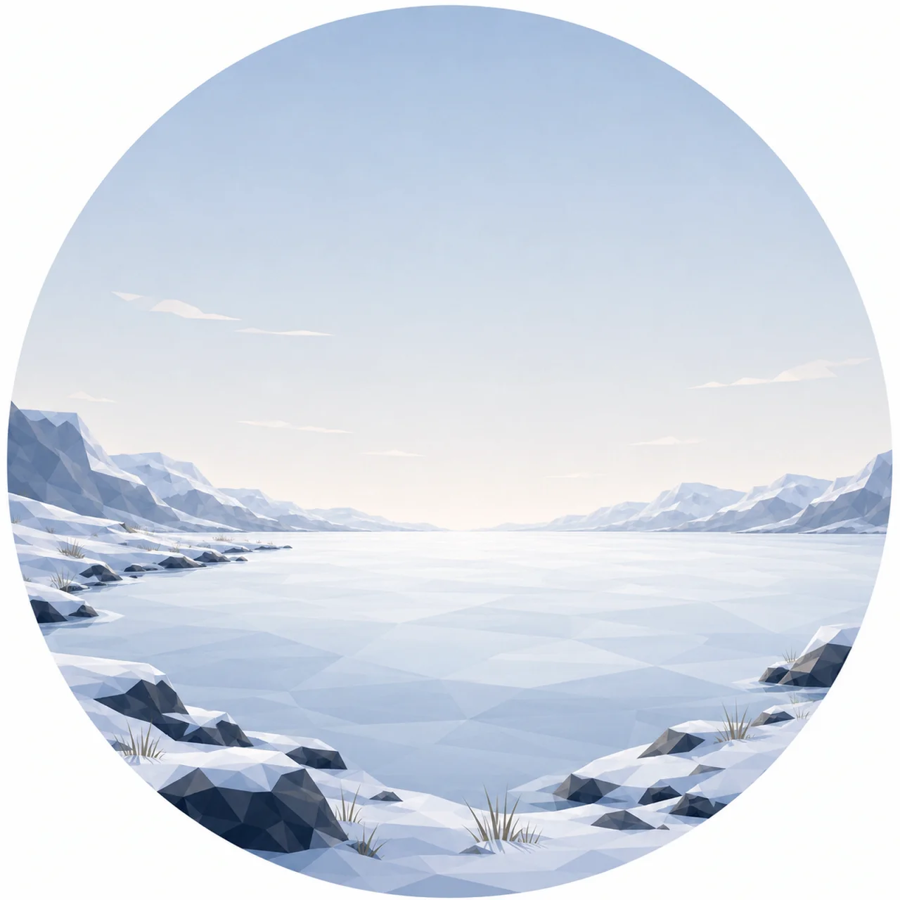 Minimal low poly Scandinavian frozen bay landscape featuring a frozen bay, snow-covered shoreline, distant mountains, calm winter sky, symmetrical composition, and peaceful geometric design.
