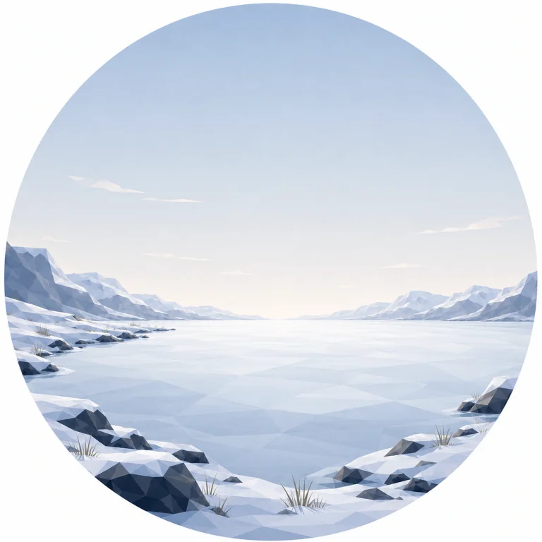 Minimal low poly Scandinavian frozen bay landscape featuring a frozen bay, snow-covered shoreline, distant mountains, calm winter sky, symmetrical composition, and peaceful geometric design.