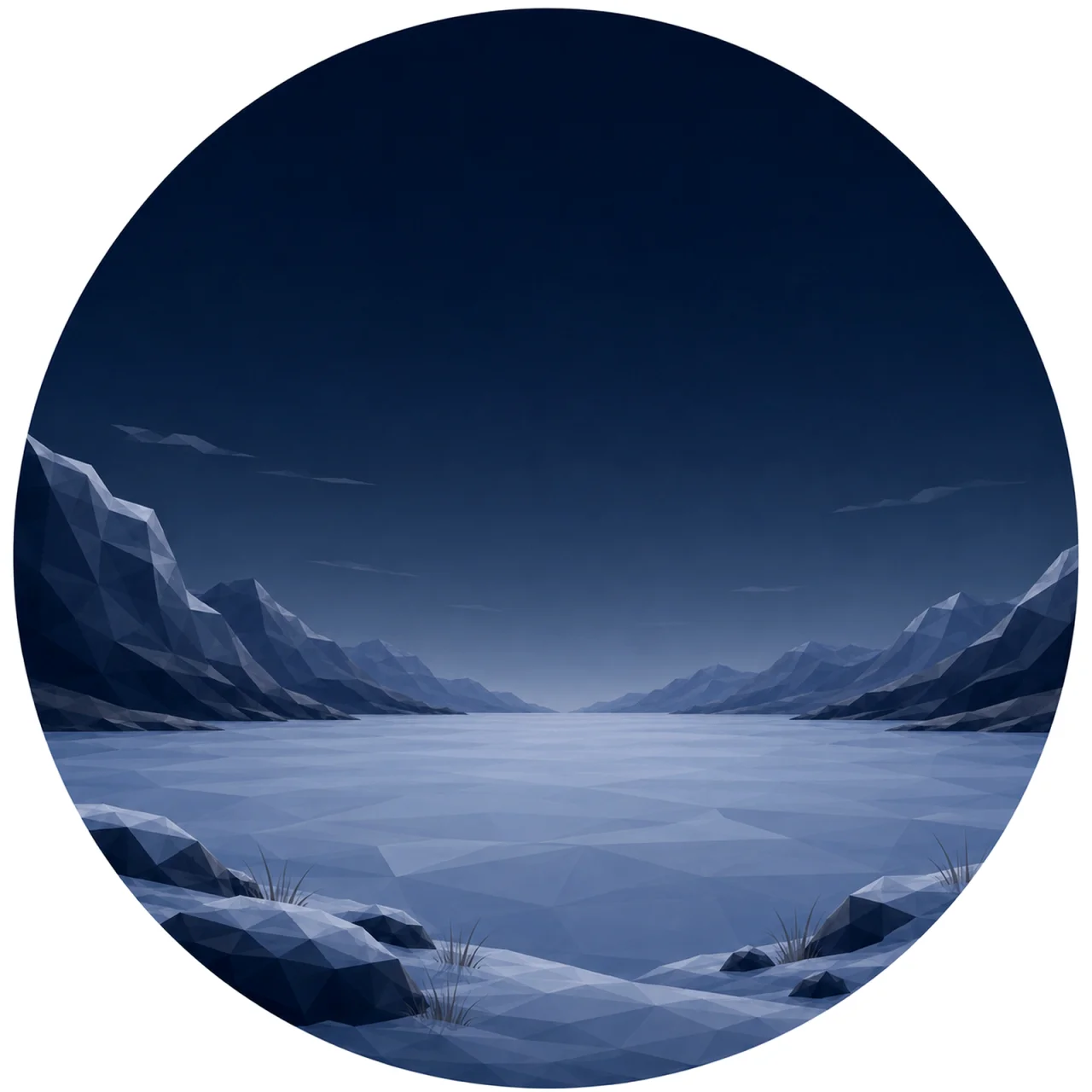 Minimal low poly Scandinavian polar night landscape featuring a deep Arctic sky, quiet snowy plain or frozen sea, distant mountains, symmetrical composition, and peaceful geometric design.