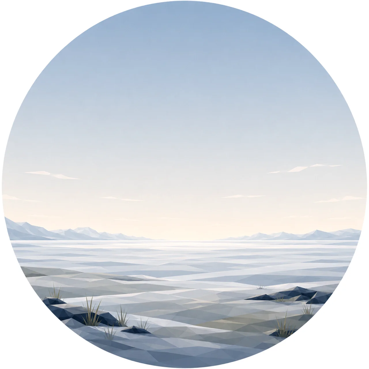 Minimal low poly Scandinavian endless northern landscape featuring an infinite horizon, quiet open land, distant mountains, calm Nordic sky, symmetrical composition, and peaceful geometric design.