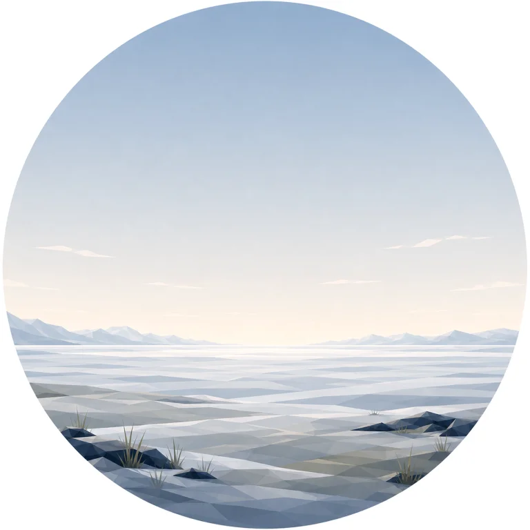 Minimal low poly Scandinavian endless northern landscape featuring an infinite horizon, quiet open land, distant mountains, calm Nordic sky, symmetrical composition, and peaceful geometric design.