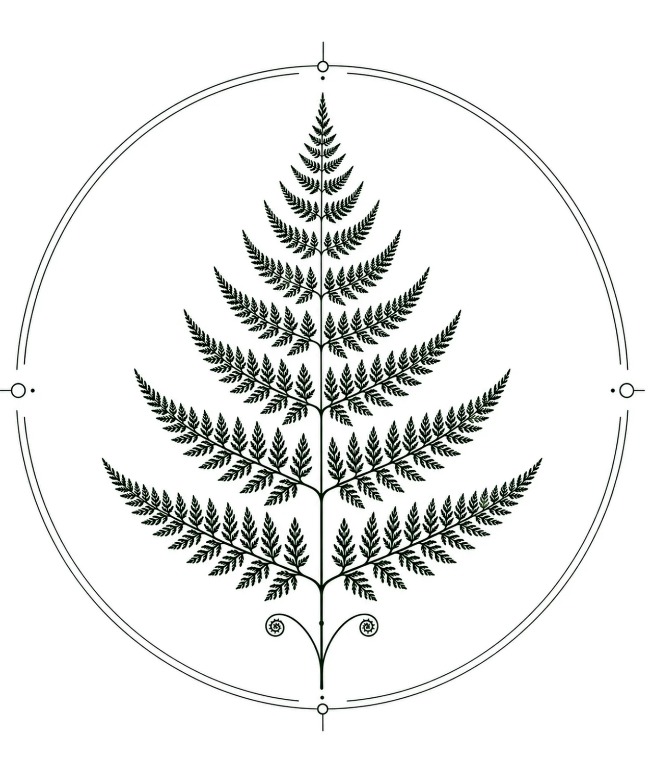 Minimal Scandinavian botanical illustration of a northern fern inside a geometric botanical seal frame with fine ink linework, white background, centered composition, and elegant museum botanical aesthetic.