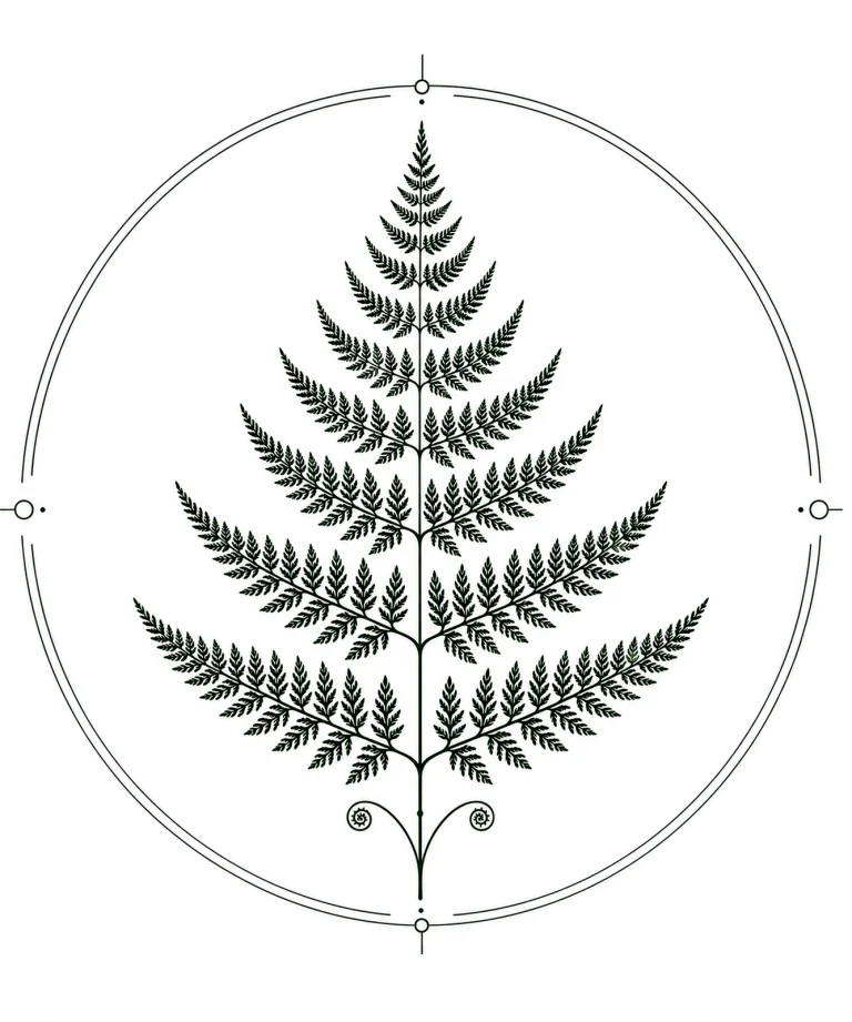 Minimal Scandinavian botanical illustration of a northern fern inside a geometric botanical seal frame with fine ink linework, white background, centered composition, and elegant museum botanical aesthetic.