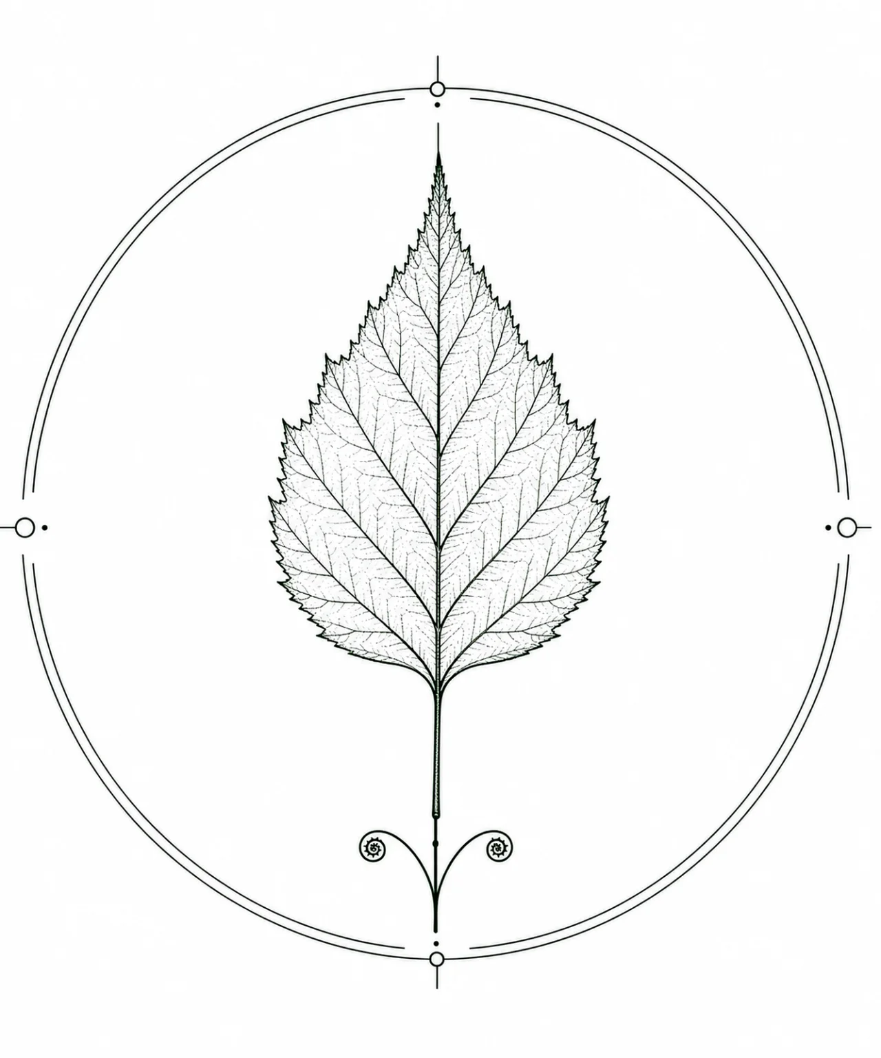 Minimal Scandinavian botanical illustration of a Silver Birch leaf inside a geometric botanical seal frame with fine ink linework, white background, centered composition, and museum botanical aesthetic.