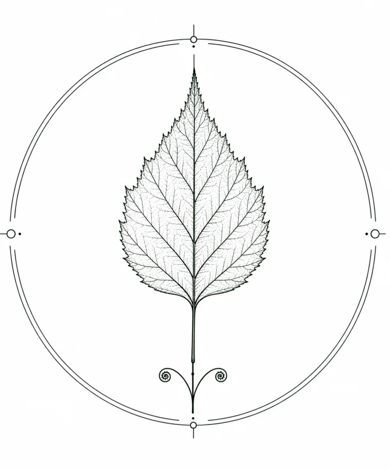 Minimal Scandinavian botanical illustration of a Silver Birch leaf inside a geometric botanical seal frame with fine ink linework, white background, centered composition, and museum botanical aesthetic.