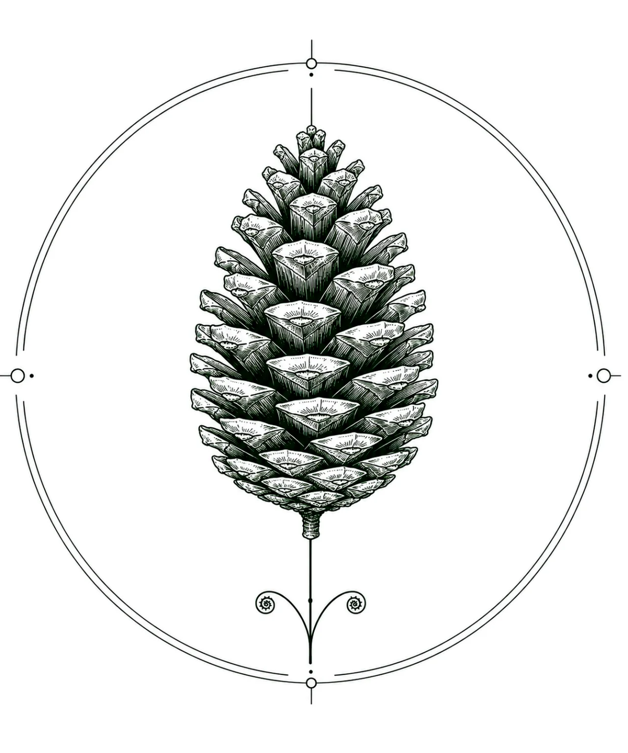 Minimal Scandinavian botanical illustration of a Northern Pine Cone inside a geometric botanical seal frame with fine ink linework, white background, centered composition, and museum botanical aesthetic.