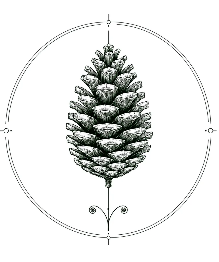 Minimal Scandinavian botanical illustration of a Northern Pine Cone inside a geometric botanical seal frame with fine ink linework, white background, centered composition, and museum botanical aesthetic.