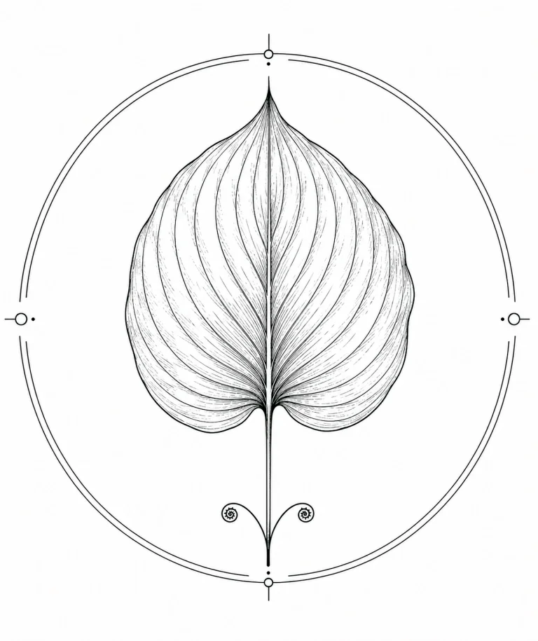 Minimal Scandinavian botanical illustration of a single Hosta leaf inside a geometric botanical seal frame with fine ink linework, white background, centered composition, and museum botanical aesthetic.
