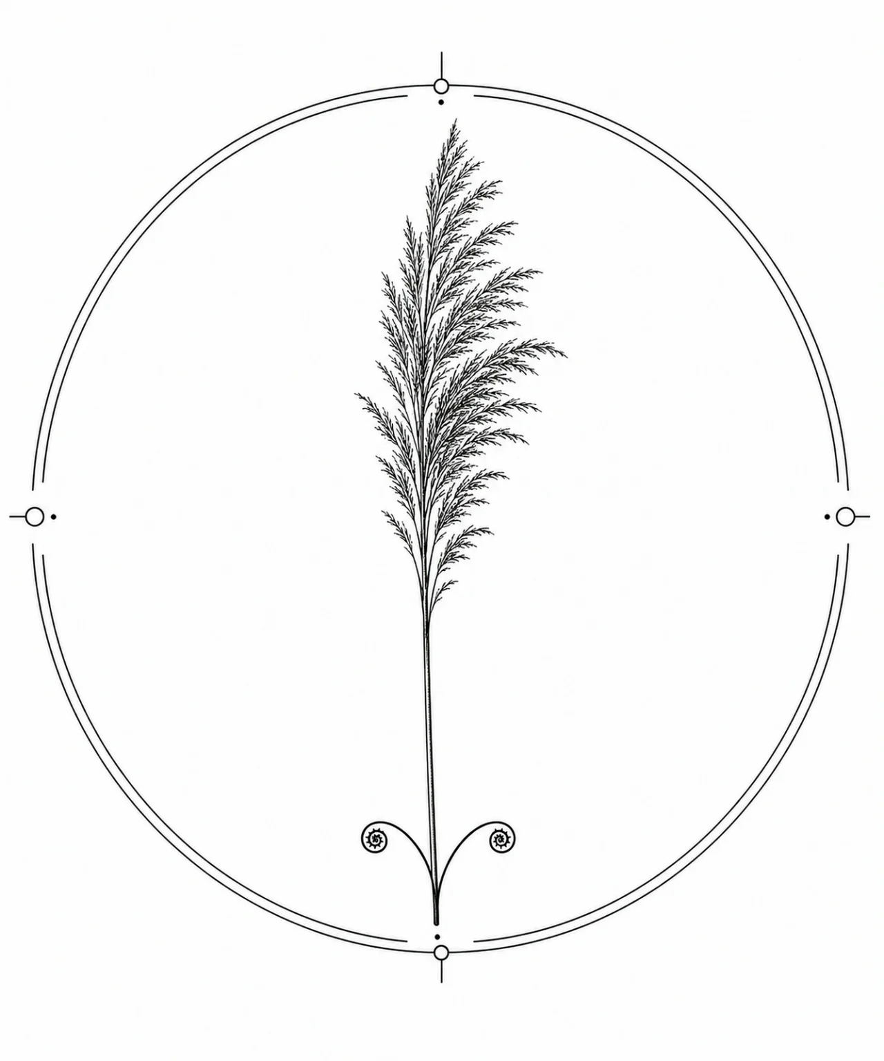 Minimal Scandinavian botanical illustration of a single reed head with a slender vertical silhouette inside a botanical seal frame, delicate black linework, centered composition, and a pure white background.