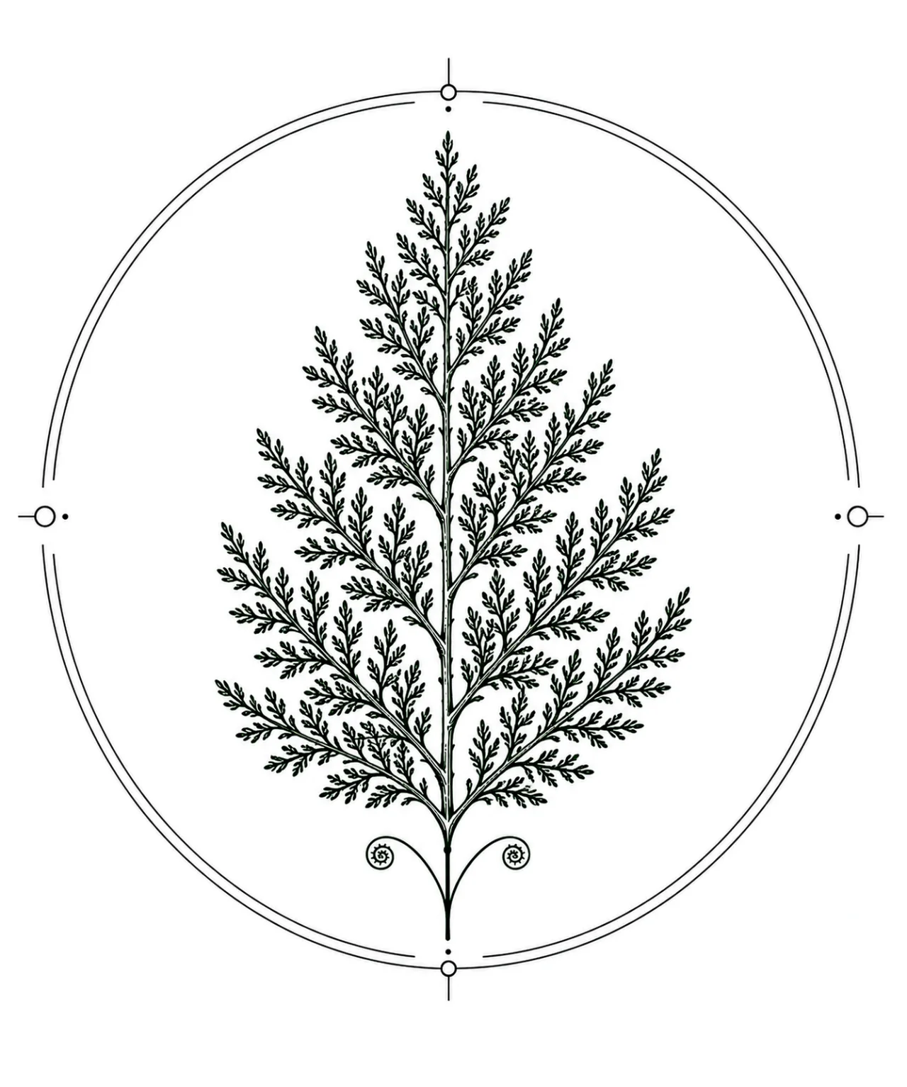 Minimal Scandinavian botanical illustration of a single juniper branch inside a botanical seal frame with delicate scale-like foliage, centered composition, fine black linework, and a pure white background.