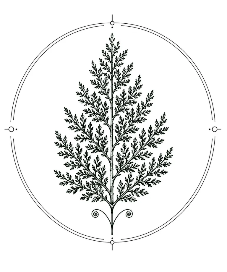 Minimal Scandinavian botanical illustration of a single juniper branch inside a botanical seal frame with delicate scale-like foliage, centered composition, fine black linework, and a pure white background.