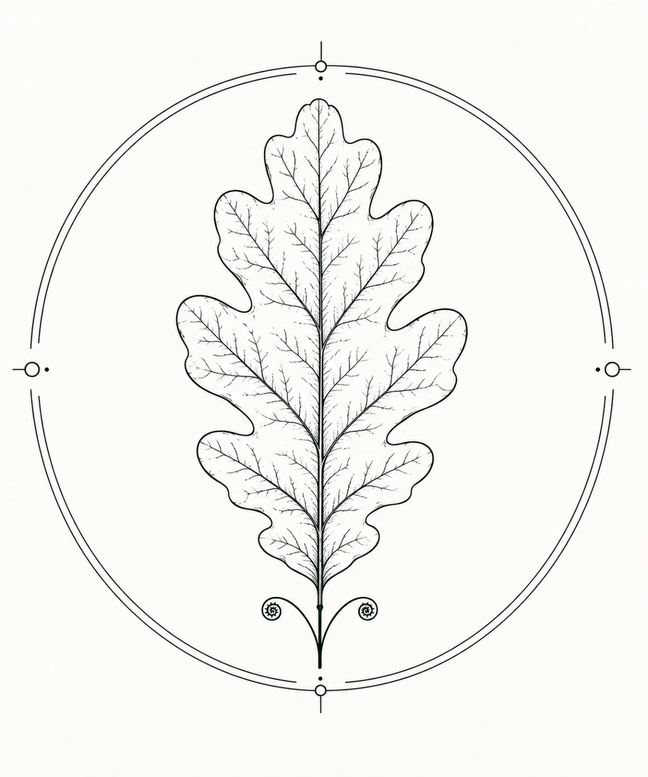Minimal Scandinavian botanical illustration of a single oak leaf with deep rounded lobes inside a botanical seal frame, centered composition, fine black linework, and a pure white background.
