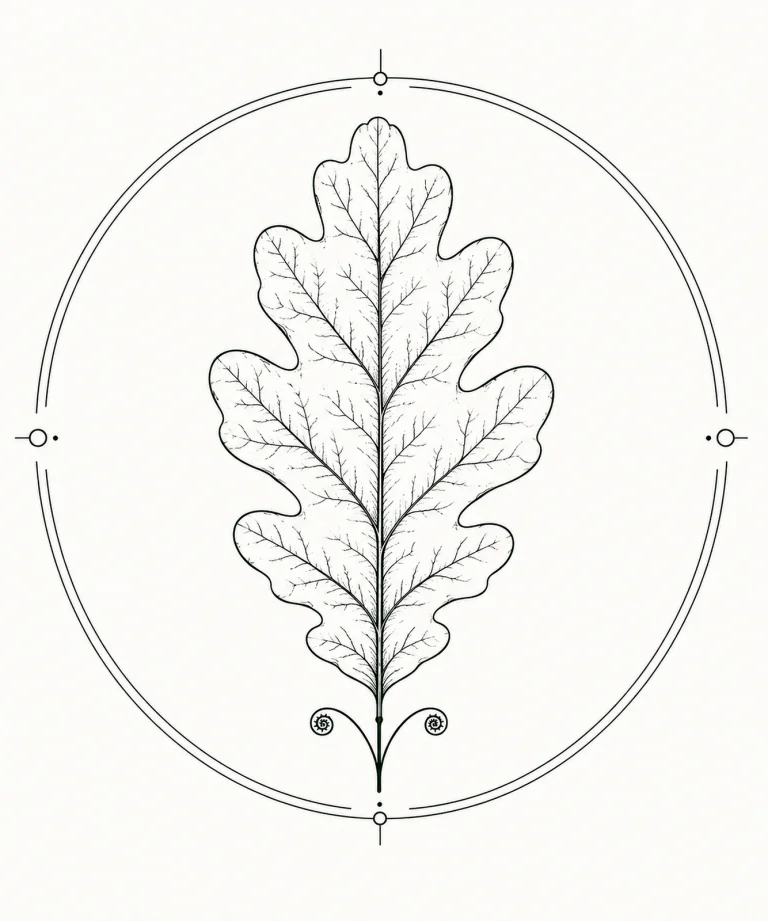 Minimal Scandinavian botanical illustration of a single oak leaf with deep rounded lobes inside a botanical seal frame, centered composition, fine black linework, and a pure white background.