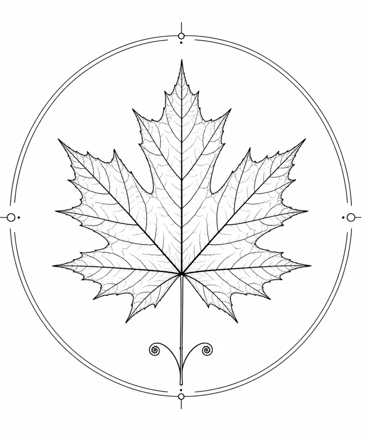 Minimal Scandinavian botanical illustration of a single maple leaf with sharp palmate lobes inside a botanical seal frame, centered composition, fine black linework, and a pure white background.