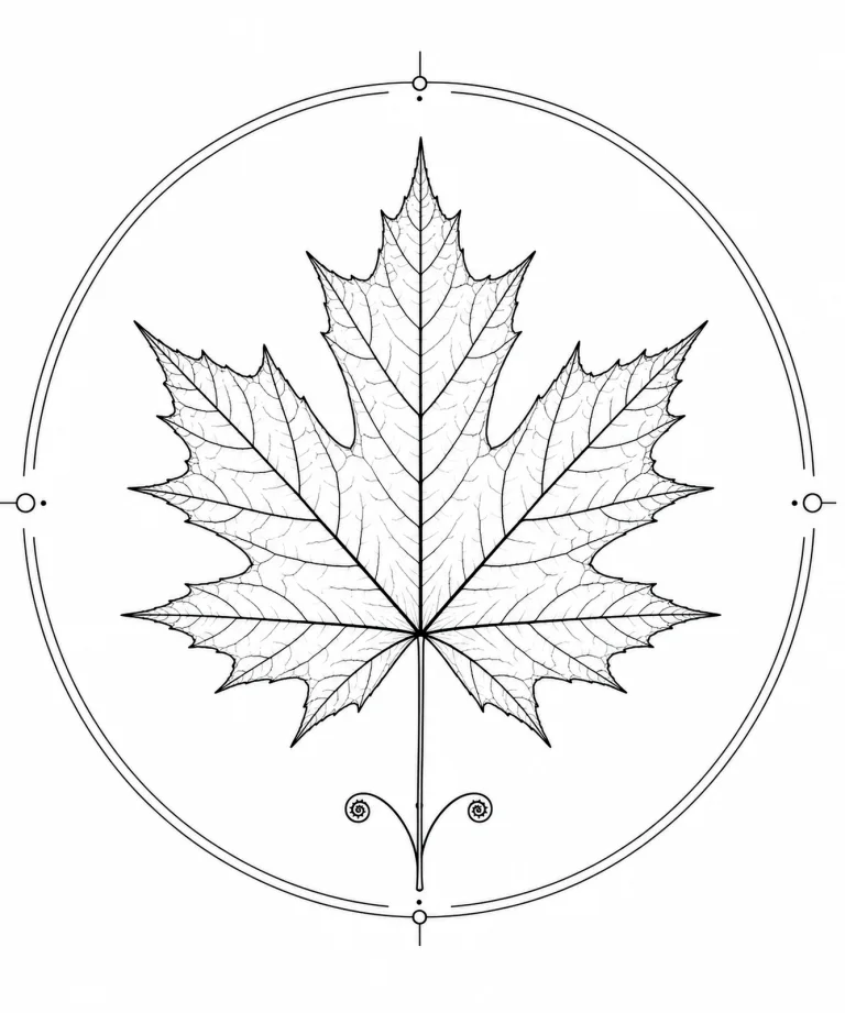 Minimal Scandinavian botanical illustration of a single maple leaf with sharp palmate lobes inside a botanical seal frame, centered composition, fine black linework, and a pure white background.