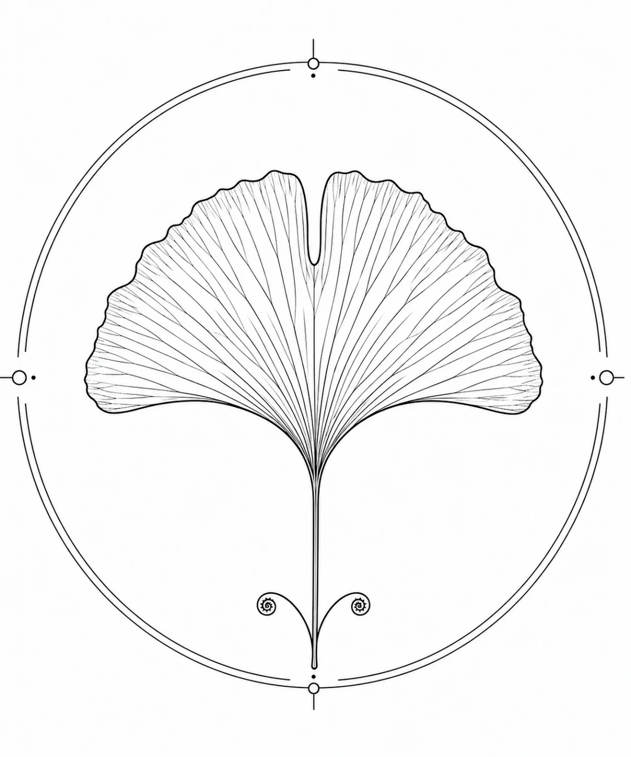 Minimal Scandinavian botanical illustration of a single fan-shaped ginkgo leaf with graceful curved edges and radiating veins inside a botanical seal frame, centered composition, fine black linework, and a pure white background.