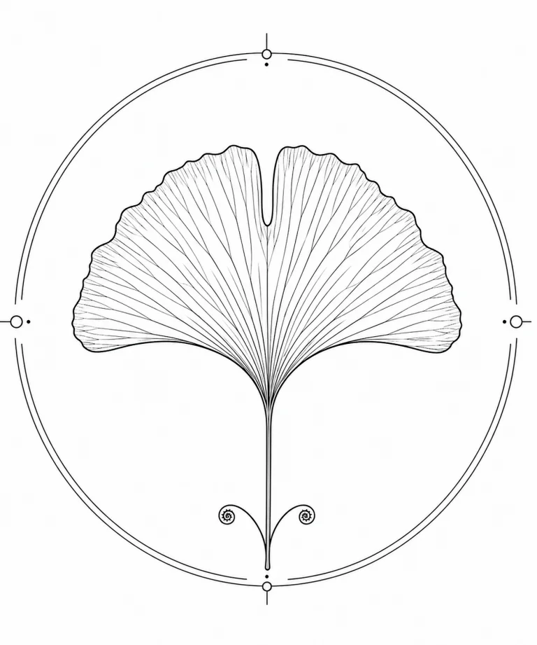Minimal Scandinavian botanical illustration of a single fan-shaped ginkgo leaf with graceful curved edges and radiating veins inside a botanical seal frame, centered composition, fine black linework, and a pure white background.