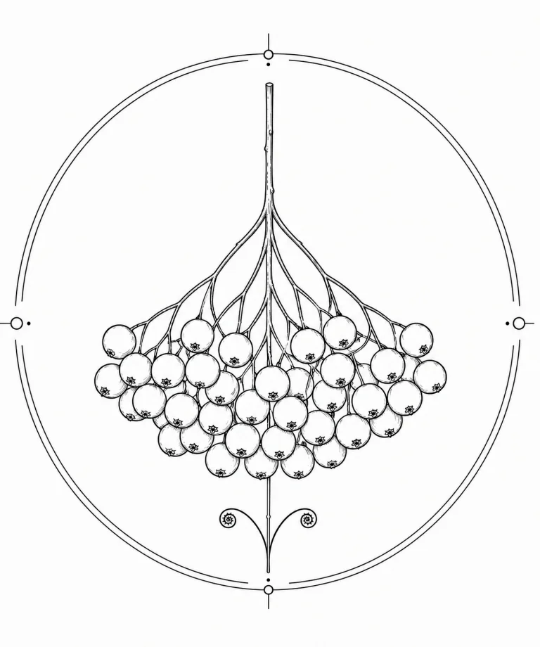 Minimal Scandinavian botanical illustration of a single rowan berry cluster with evenly sized berries connected by delicate stems inside a botanical seal frame, centered composition, fine black linework, and a pure white background.