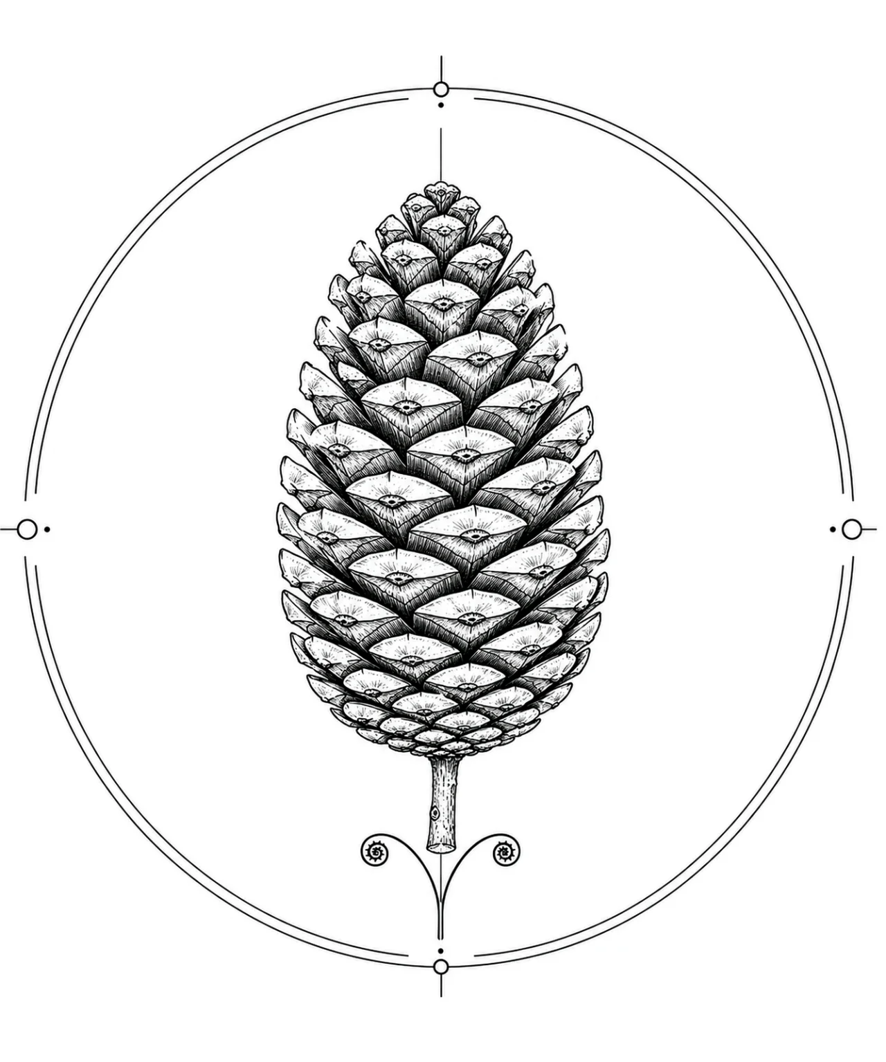 Minimal Scandinavian botanical illustration of a single cedar cone with layered scales inside a botanical seal frame, centered composition, fine black linework, and a pure white background.
