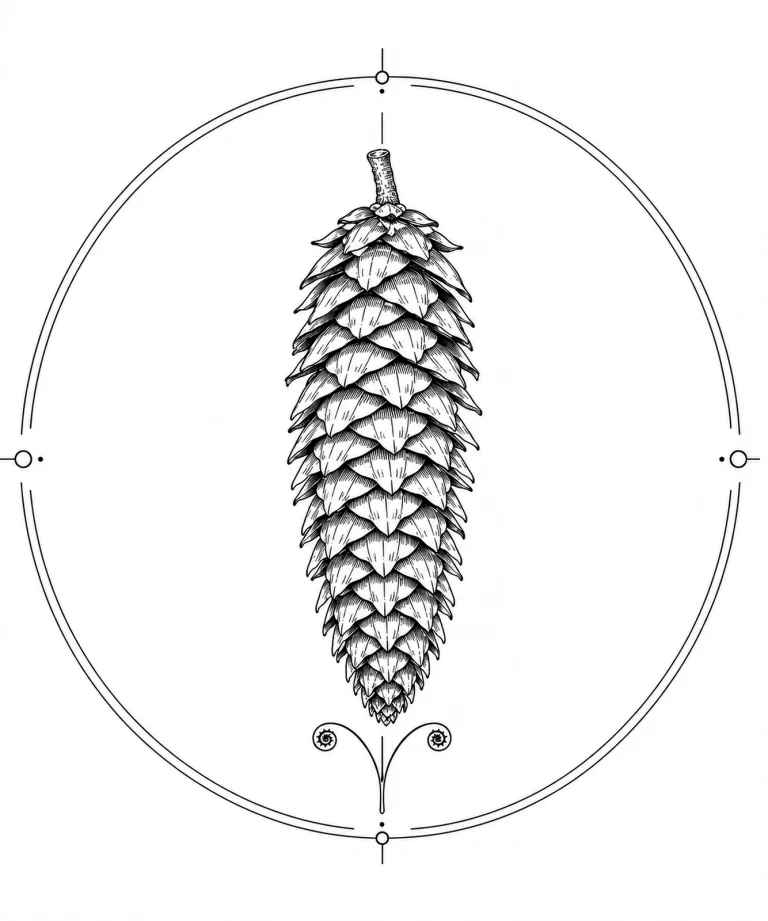 Minimal Scandinavian botanical illustration of a single slender spruce cone with delicate overlapping scales inside a botanical seal frame, centered composition, fine black linework, and a pure white background.
