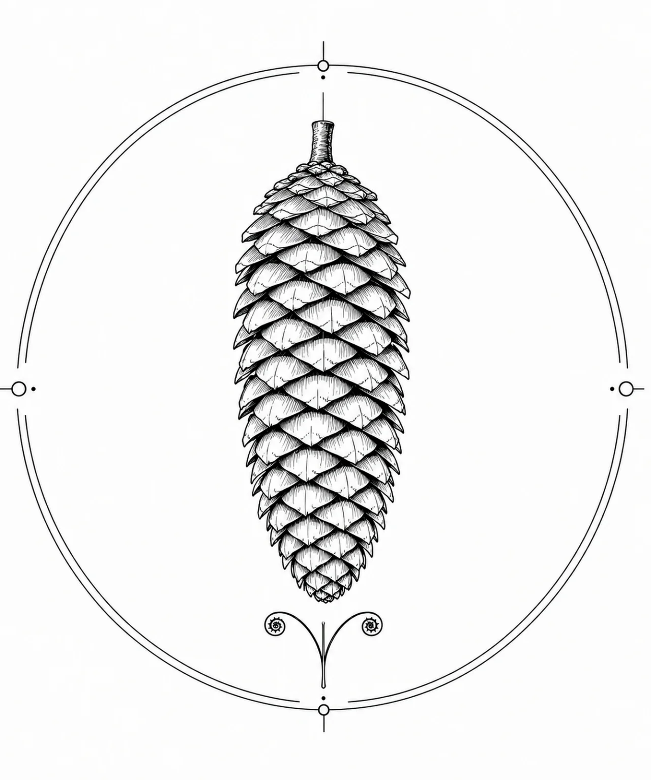 Minimal Scandinavian botanical illustration of a single fir cone with evenly layered scales and a balanced conical silhouette inside a botanical seal frame, centered composition, fine black linework, and a pure white background.
