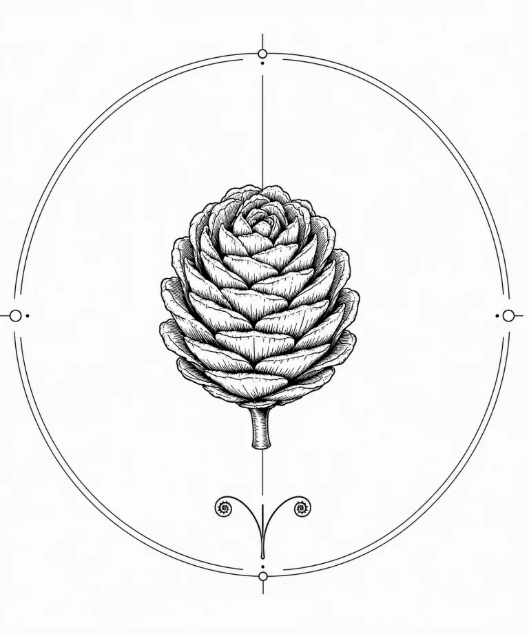Minimal Scandinavian botanical illustration of a single larch cone with rounded rosette-like scales inside a botanical seal frame, centered composition, fine black linework, and a pure white background.