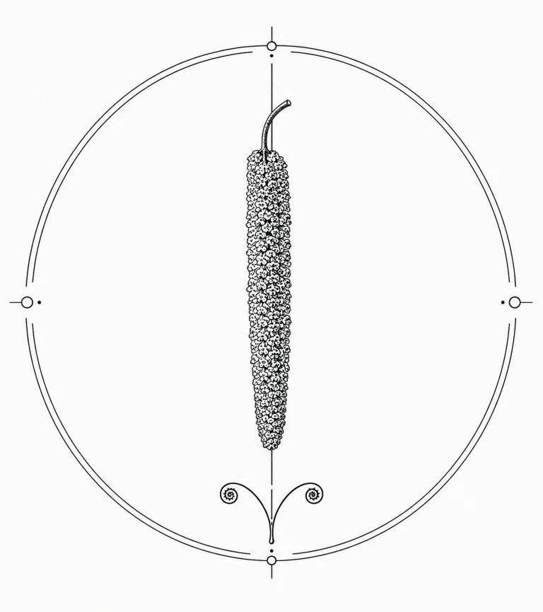 Minimal Scandinavian botanical illustration of a single hanging hazel catkin suspended from a slender stem inside a botanical seal frame, centered composition, fine black linework, and a pure white background.