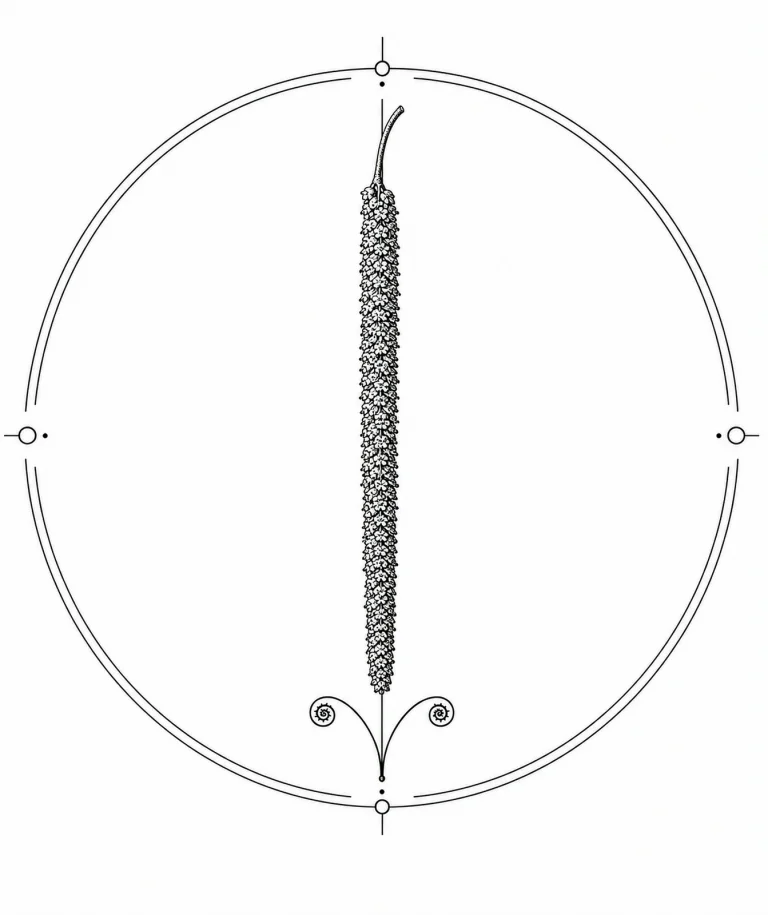 Minimal Scandinavian botanical illustration of a single slender birch catkin hanging from a delicate stem inside a botanical seal frame, centered composition, fine black linework, and a pure white background.