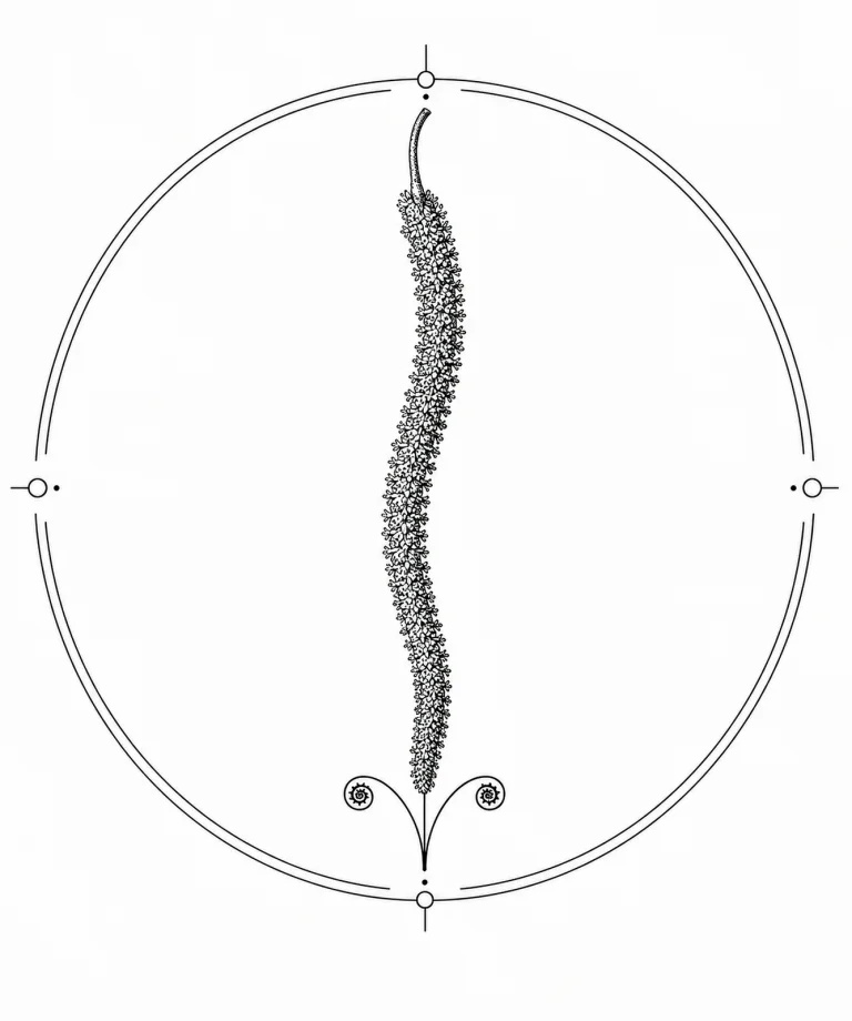 Minimal Scandinavian botanical illustration of a single gently curved willow catkin hanging from a delicate stem inside a botanical seal frame, centered composition, fine black linework, and a pure white background.