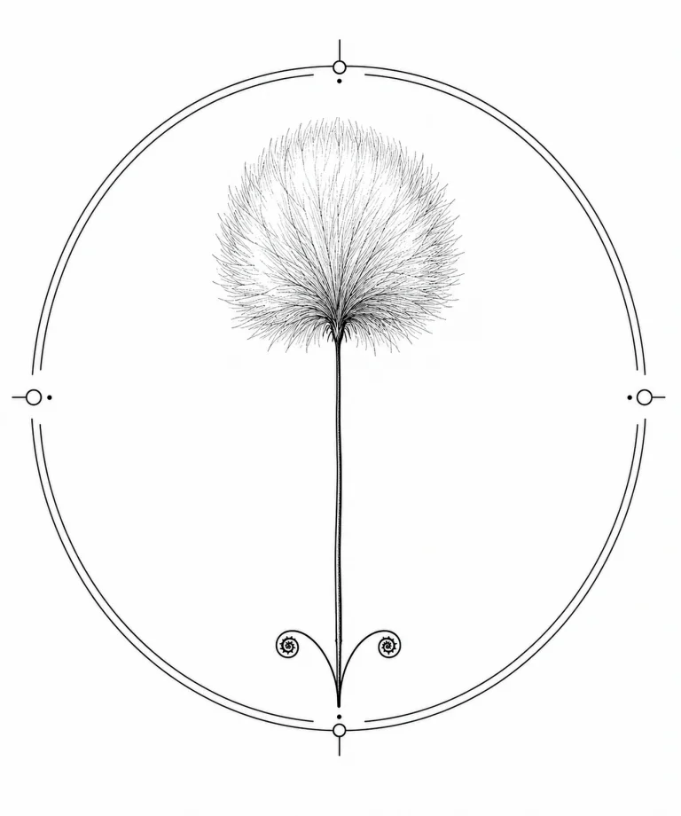Minimal Scandinavian botanical illustration of a single cotton grass seed head with a soft rounded tuft atop a slender stem inside a botanical seal frame, centered composition, fine black linework, and a pure white background.