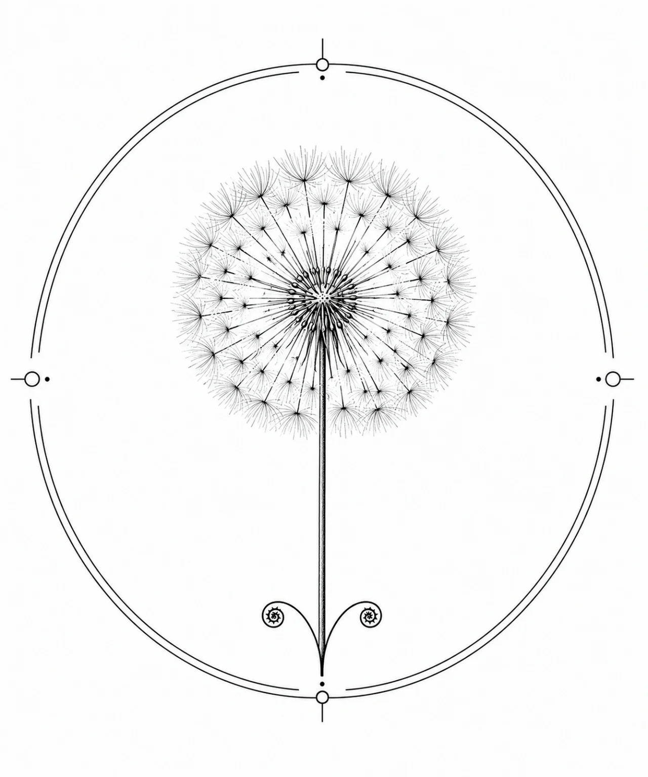 Minimal Scandinavian botanical illustration of a single dandelion seed head with a perfectly rounded sphere of delicate radiating seeds atop a slender stem inside a botanical seal frame, centered composition, fine black linework, and a pure white background.