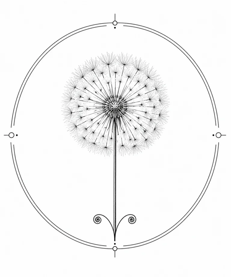 Minimal Scandinavian botanical illustration of a single dandelion seed head with a perfectly rounded sphere of delicate radiating seeds atop a slender stem inside a botanical seal frame, centered composition, fine black linework, and a pure white background.
