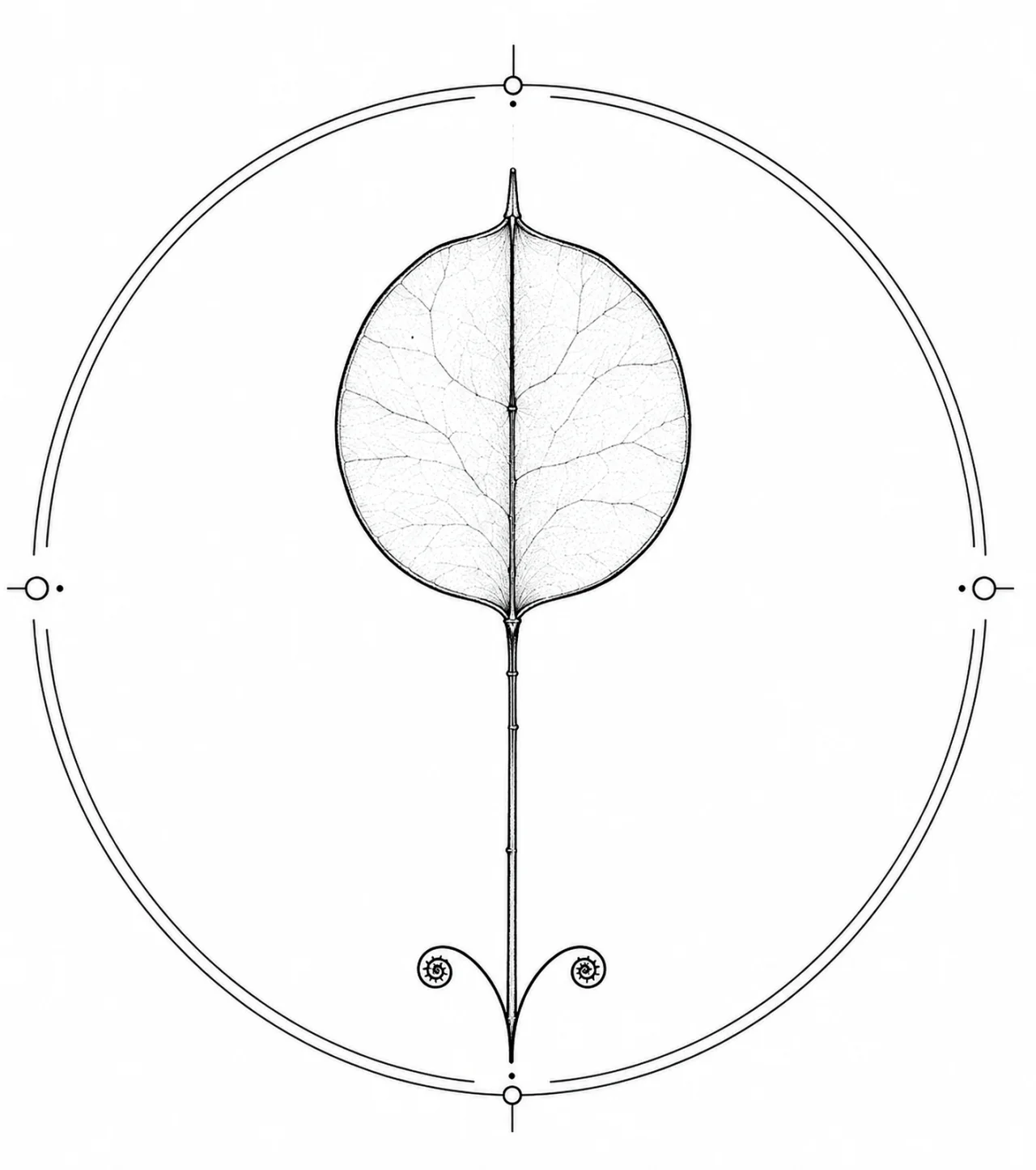 Minimal Scandinavian botanical illustration of a single translucent lunaria seed pod with a delicate circular form and slender central partition atop a straight stem inside a botanical seal frame, centered composition, fine black linework, and a pure white background.