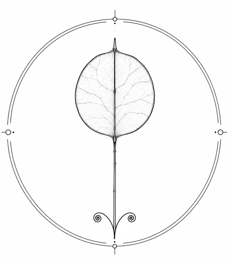 Minimal Scandinavian botanical illustration of a single translucent lunaria seed pod with a delicate circular form and slender central partition atop a straight stem inside a botanical seal frame, centered composition, fine black linework, and a pure white background.