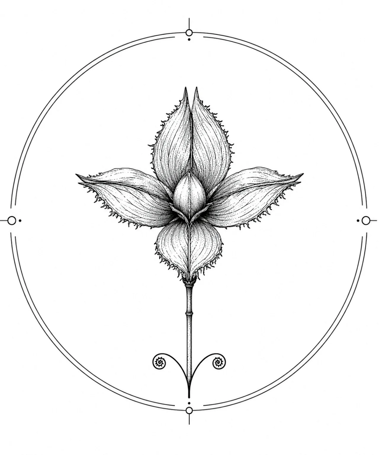 Minimal Scandinavian botanical illustration of a single opened beech nut husk with four star-shaped segments surrounding a central nut inside a botanical seal frame, centered composition, fine black linework, and a pure white background.