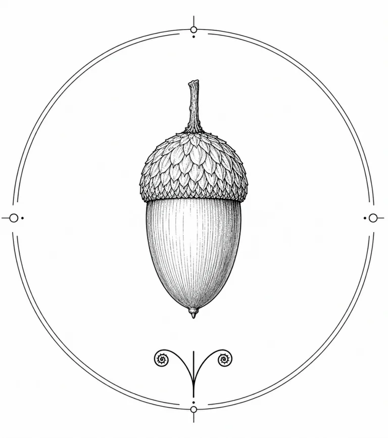 Minimal Scandinavian botanical illustration of a single acorn with a textured cupule and smooth oval nut atop a short stem inside a botanical seal frame, centered composition, fine black linework, and a pure white background.