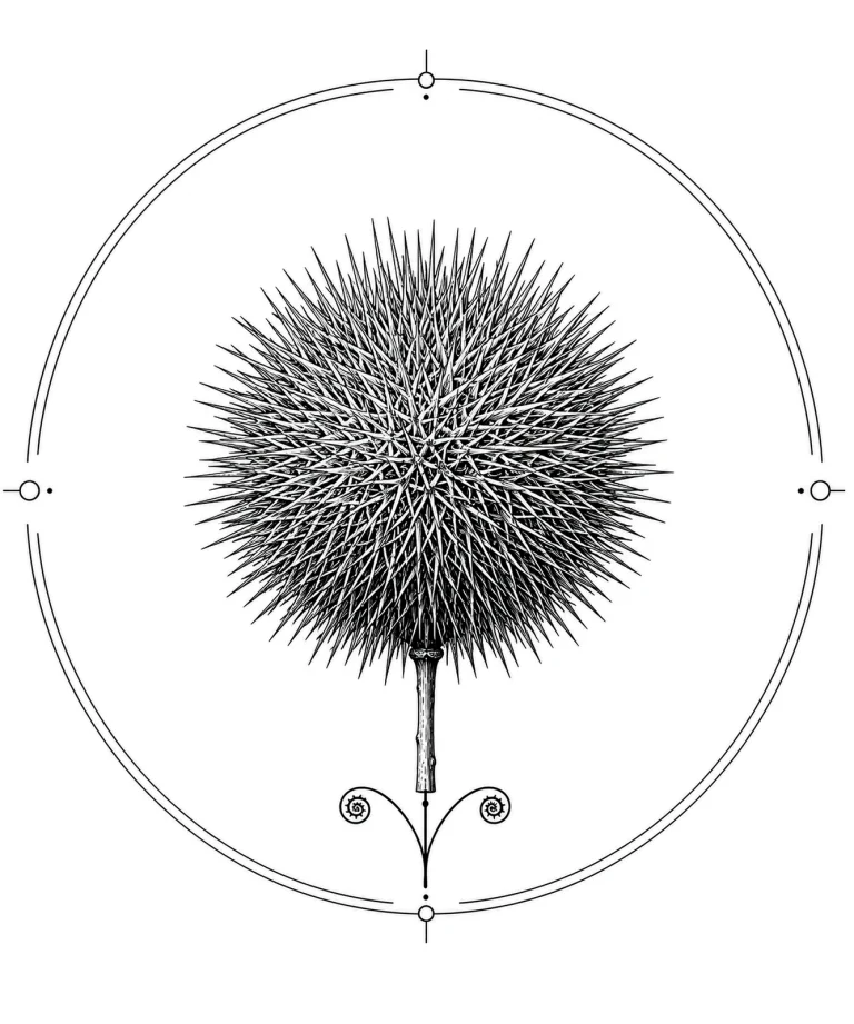 Minimal Scandinavian botanical illustration of a single chestnut burr with a spherical form covered in fine radiating spines atop a short stem inside a botanical seal frame, centered composition, fine black linework, and a pure white background.