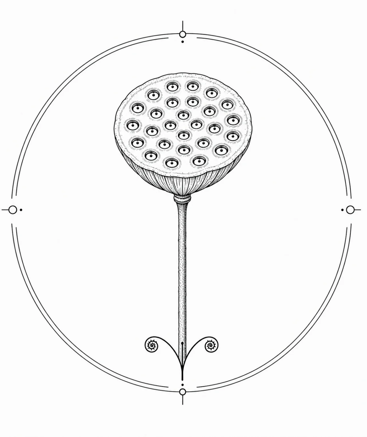 Minimal Scandinavian botanical illustration of a single lotus seed pod with a flat circular seed head featuring evenly spaced seed holes atop a slender stem inside a botanical seal frame, centered composition, fine black linework, and a pure white background.