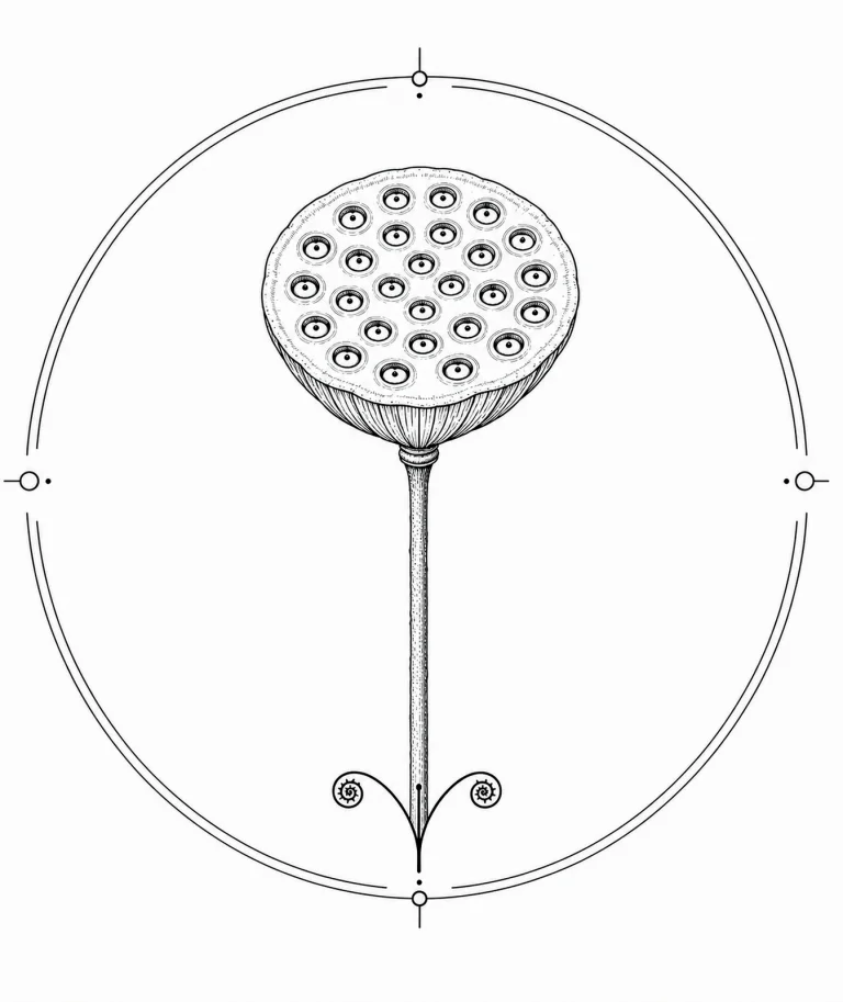 Minimal Scandinavian botanical illustration of a single lotus seed pod with a flat circular seed head featuring evenly spaced seed holes atop a slender stem inside a botanical seal frame, centered composition, fine black linework, and a pure white background.