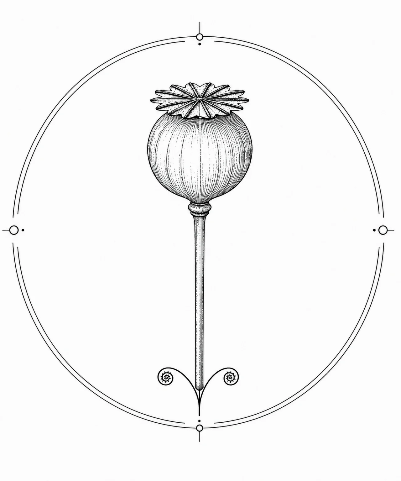 Minimal Scandinavian botanical illustration of a single poppy seed capsule with a rounded capsule and distinctive crown-shaped disk atop a slender stem inside a botanical seal frame, centered composition, fine black linework, and a pure white background.