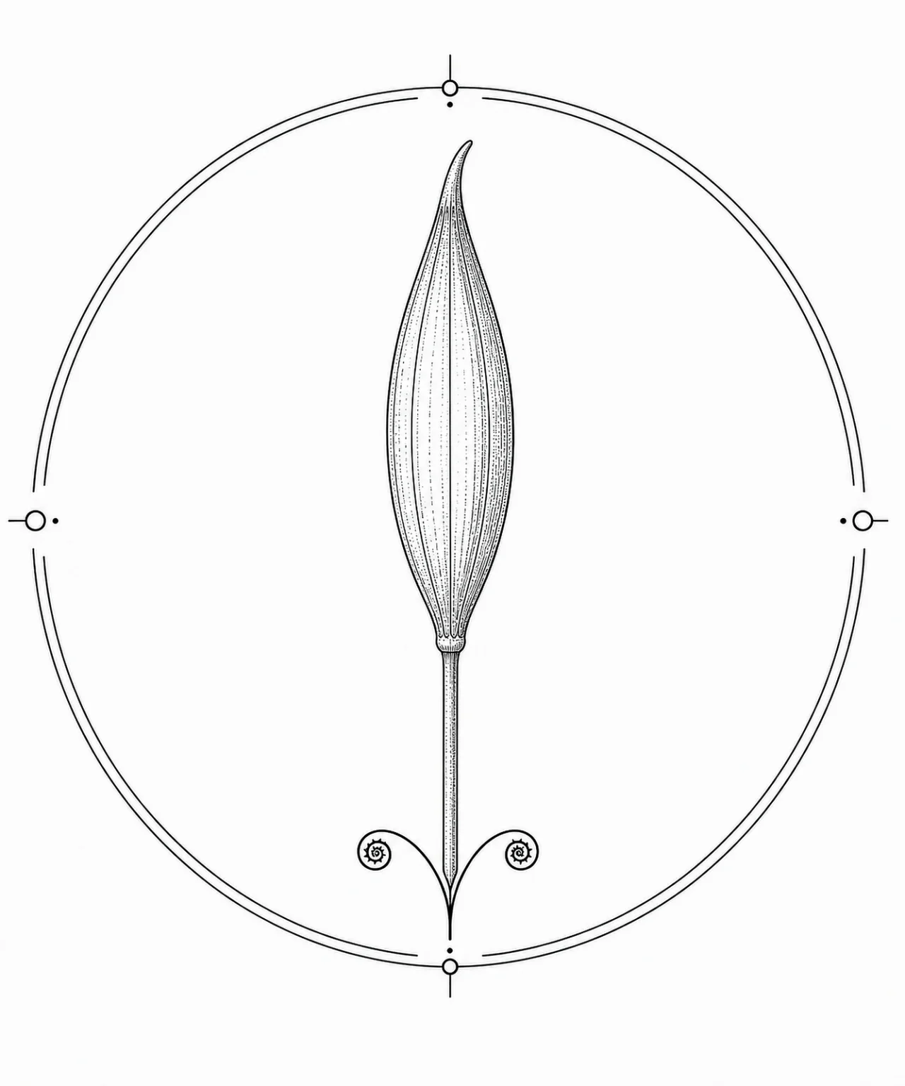 Minimal Scandinavian botanical illustration of a single milkweed pod with a smooth boat-shaped seed pod and gently pointed ends atop a slender stem inside a botanical seal frame, centered composition, fine black linework, and a pure white background.